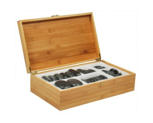 Набор массажных камней из базальта в коробке из бамбука (45 шт.) НК-2Б
